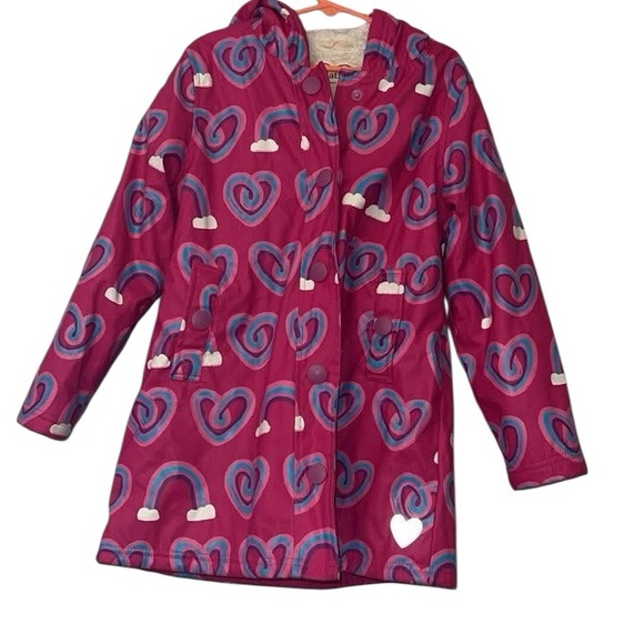 Hatley Other - Hatley Sherpa lined Pink Raincoat with Hearts and Rainbows sz 7